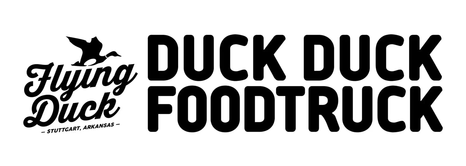 A black and white logo for a food truck, featuring a flying duck illustration and the words ’Flying Duck’ and ’DUCK DUCK FOODTRUCK.’
