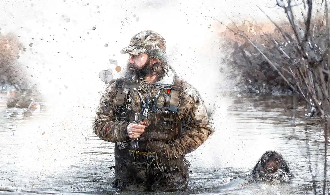 A man in camouflage waders and a cap, holding a shotgun, standing in water with a dog beside him.