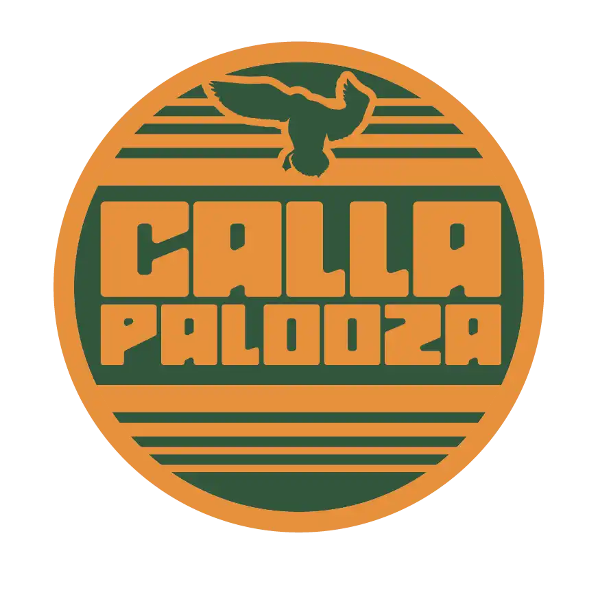 Round, orange and green ’CALLAPALOOZA’ logo with a duck silhouette.