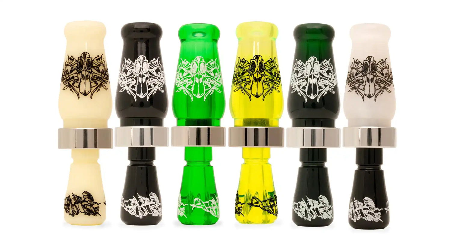 A set of six colorful duck calls with a unique graphic design.