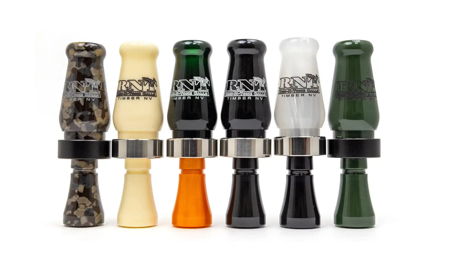 Six colorful duck calls in a row.