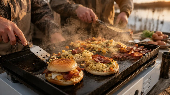 Black cast iron griddle with bacon and scrambled eggs being cooked on it.