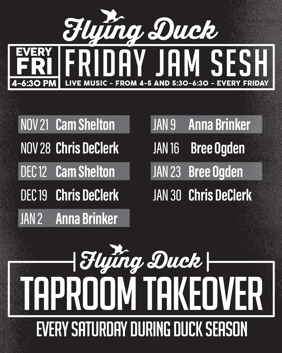 Black and white poster for flying duck taproom takeover event featuring musician lineup.