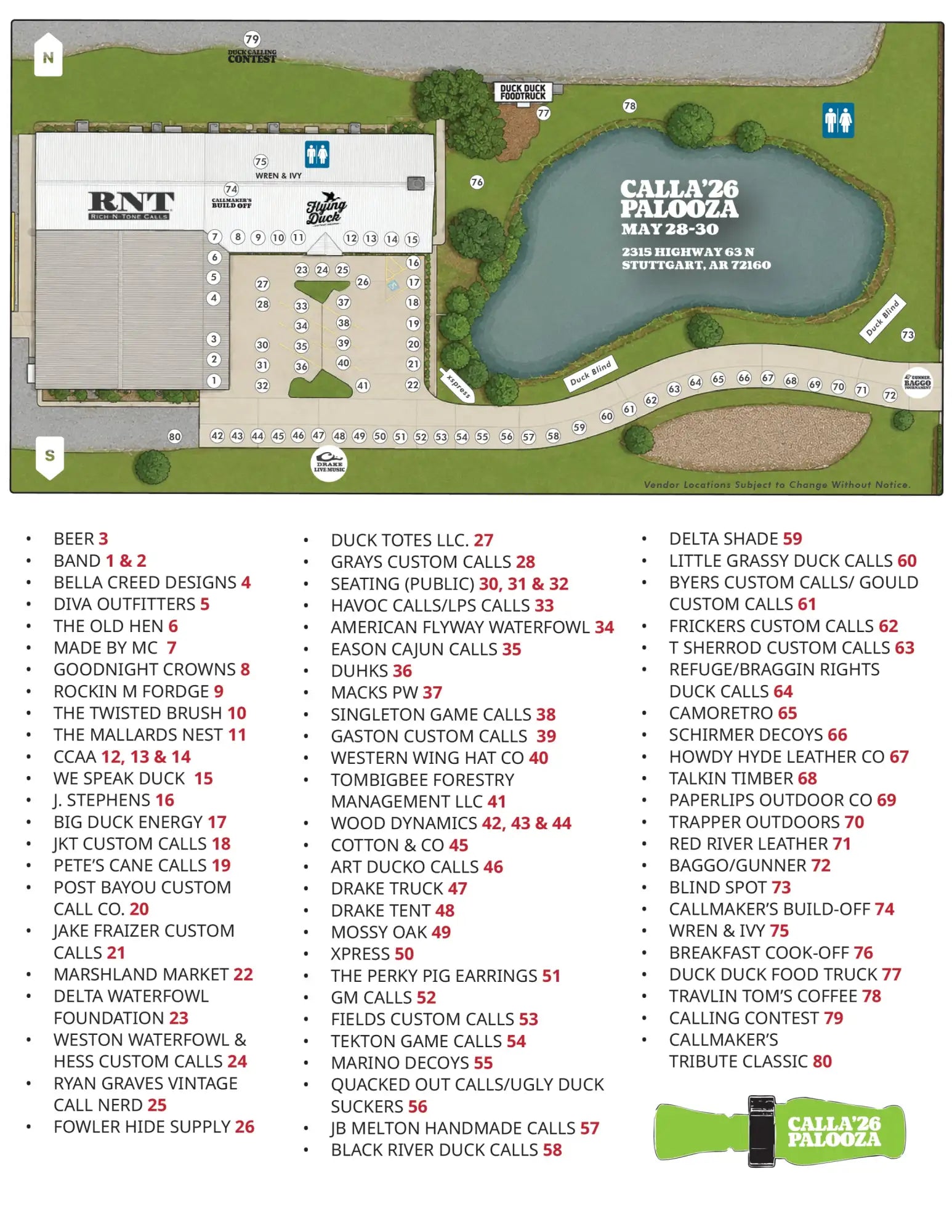 This is a detailed map of the calla ’26 palooza event, showing venue layout with numbered stalls and vendor listings.