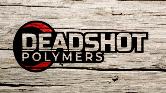 A logo for ’DEADSHOT POLYMERS’ in black and red on a distressed wood background.