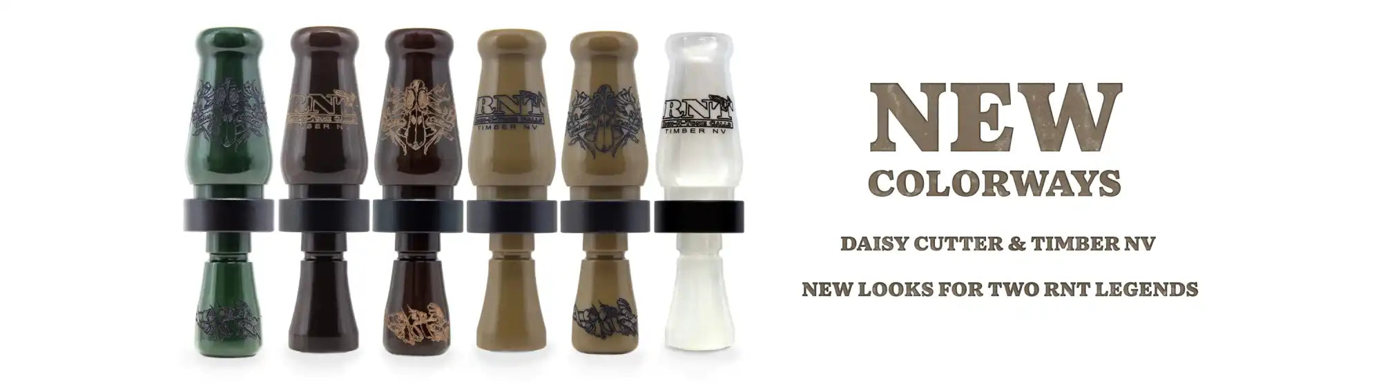 A row of six different colored duck calls with black bands.