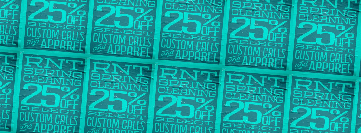 Teal-colored promotional flyer with repeating ’25% off’ text and ’rnt spring cleaning select custom calls and apparel’ branding.