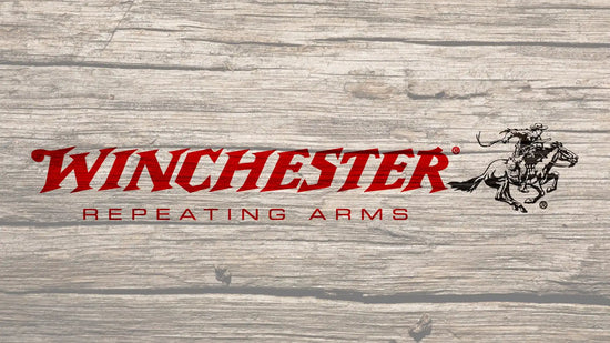 The Winchester Repeating Arms logo, featuring ’Winchester’ in red script above ’Repeating Arms’ and a cowboy on horseback.