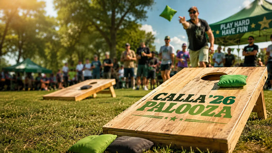 A wooden cornhole board with green lettering and star designs, featuring a natural wood finish.